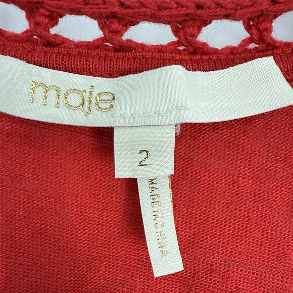 Maje Linen Short Sleeve Tee Women Size 2 V Neck Crochet Eyelet Red Pull Over - Picture 10 of 11